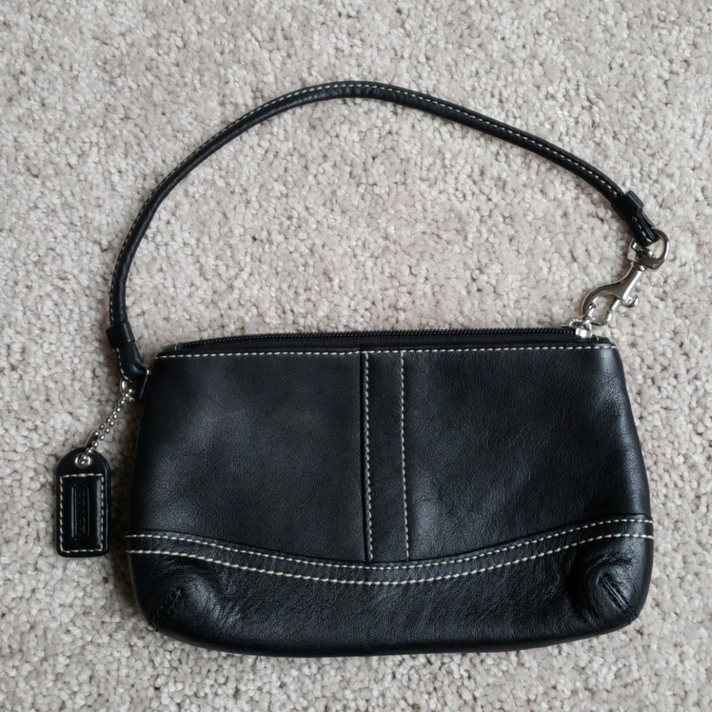 Black Leather Coach wristlet w/ silver hardware